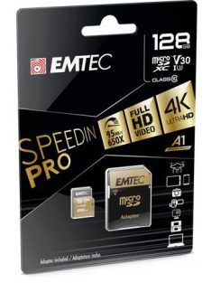   EMTEC Memóriakártya, microSDXC, 128GB, UHS-I/U3/V30/A2, 100/95 MB/s, adapter, EMTEC "SpeedIN"