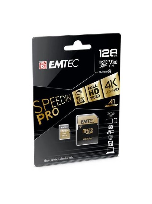 EMTEC Memóriakártya, microSDXC, 128GB, UHS-I/U3/V30/A2, 100/95 MB/s, adapter, EMTEC "SpeedIN"