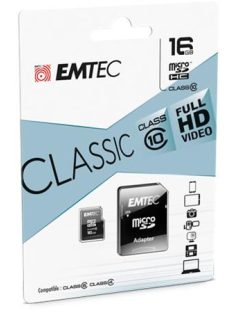   EMTEC Memóriakártya, microSDHC, 16GB, CL10, 20/12 MB/s, adapter, EMTEC "Classic"