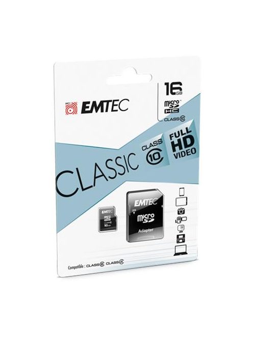 EMTEC Memóriakártya, microSDHC, 16GB, CL10, 20/12 MB/s, adapter, EMTEC "Classic"