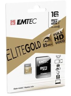   EMTEC Memóriakártya, microSDHC, 16GB, UHS-I/U1, 85/20 MB/s, adapter, EMTEC "Elite Gold"
