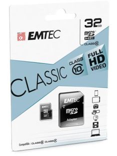   EMTEC Memóriakártya, microSDHC, 32GB, CL10, 20/12 MB/s, adapter, EMTEC "Classic"