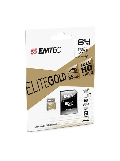 EMTEC Memóriakártya, microSDXC, 64GB, UHS-I/U1, 85/20 MB/s, adapter, EMTEC "Elite Gold"