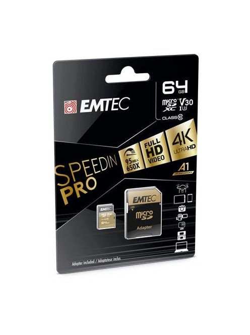 EMTEC Memóriakártya, microSDXC, 64GB, UHS-I/U3/V30/A2, 100/95 MB/s, adapter, EMTEC "SpeedIN"