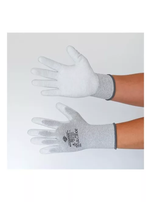 Védőkesztyű, karbonszálas, PU tenyerén mártott, XL méret, fehér-szürke