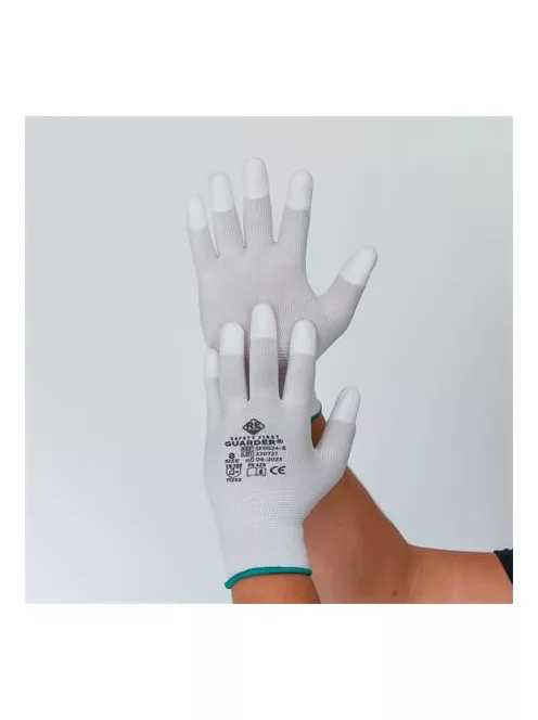Védőkesztyű, karbonszálas, PU ujjbegy mártott, L méret, fehér-szürke