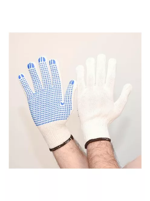 Védőkesztyű, kevertszálas, PVC pöttyözött, XL méret, natúrfehér