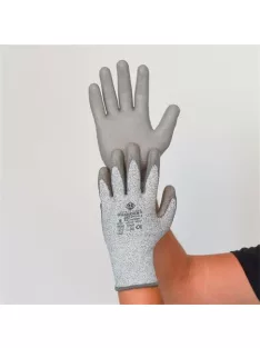   Védőkesztyű, HPPE, tenyerén PU mártott, vágásbiztos, S méret, szürke