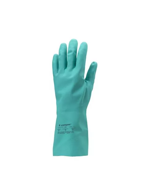 Védőkesztyű, nitril, vegyszerálló, érdesített, kesztyű, 10/XL méret, zöld