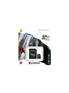   KINGSTON Memóriakártya, microSDXC,64GB, CL10/UHS-I/U1/V10/A1, adapter, KINGSTON "Canvas Select Plus"