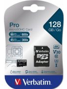 VERBATIM Memóriakártya, microSDXC, 128GB, CL10/U3, 90/45 MB/s, adapter, VERBATIM "PRO"