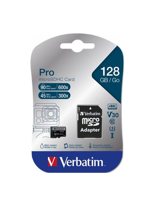 VERBATIM Memóriakártya, microSDXC, 128GB, CL10/U3, 90/45 MB/s, adapter, VERBATIM "PRO"