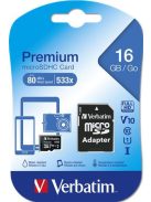 VERBATIM Memóriakártya, microSDHC, 16GB, CL10/U1, 45/10 MB/s, adapter, VERBATIM "Premium"