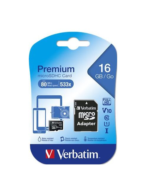 VERBATIM Memóriakártya, microSDHC, 16GB, CL10/U1, 45/10 MB/s, adapter, VERBATIM "Premium"