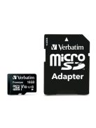 VERBATIM Memóriakártya, microSDHC, 16GB, CL10/U1, 45/10 MB/s, adapter, VERBATIM "Premium"