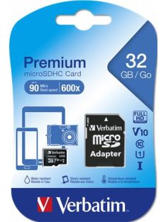   VERBATIM Memóriakártya, microSDHC, 32GB, CL10/U1, 90/10 MB/s, adapter, VERBATIM "Premium"