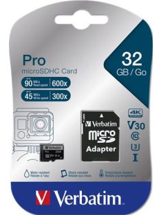   VERBATIM Memóriakártya, microSDHC, 32GB, CL10/U3, 90/45 MB/s, adapter, VERBATIM "PRO"