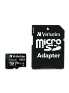 VERBATIM Memóriakártya, microSDXC, 64GB, CL10/U1, 90/10 MB/s, adapter, VERBATIM "Premium"