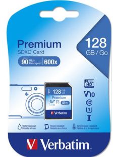   VERBATIM Memóriakártya, SDXC, 128GB, CL10/U1, 90/10 MB/s, VERBATIM "Premium"