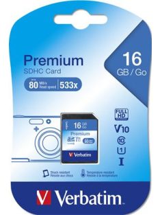   VERBATIM Memóriakártya, SDHC, 16GB, CL10/U1, 80/10 MB/s, VERBATIM "Premium"