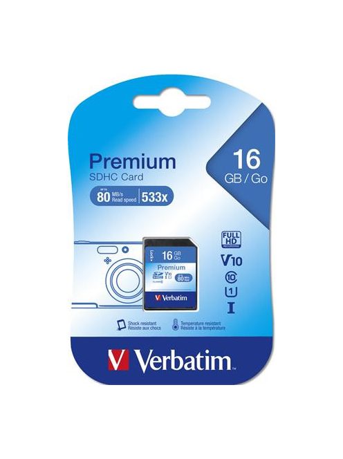 VERBATIM Memóriakártya, SDHC, 16GB, CL10/U1, 80/10 MB/s, VERBATIM "Premium"