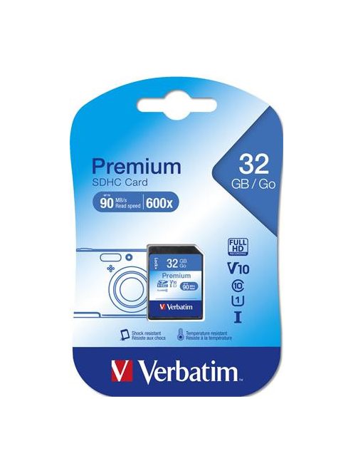 VERBATIM Memóriakártya, SDHC, 32GB, CL10/U1, 90/10 MB/s, VERBATIM "Premium"