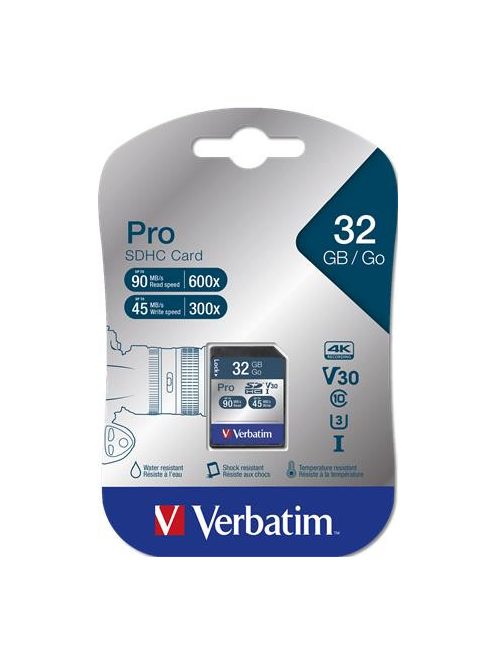 VERBATIM Memóriakártya, SDHC, 32GB, CL10/U3, 90/45MB/sec, VERBATIM "PRO"