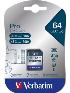   VERBATIM Memóriakártya, SDXC, 64GB, CL10/U3, 90/45MB/sec, VERBATIM "PRO"