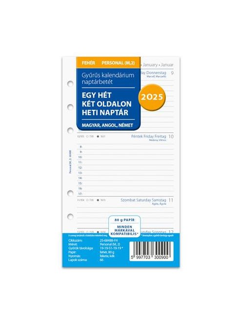 FILOFAX Kalendárium betét, tervező, Filofaxhoz, personal méret, heti, 1 hét/2 oldal, 2025