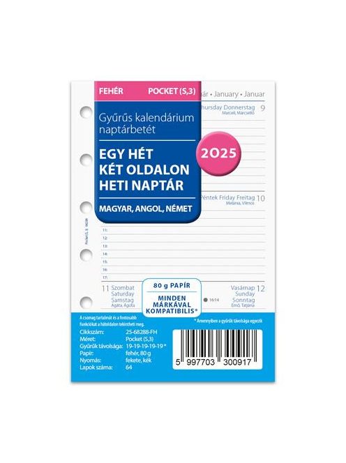 FILOFAX Kalendárium betét, tervező Filofaxhoz, A5, heti, 1 hét/2 oldal, 2025