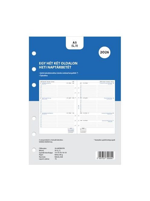 FILOFAX Kalendárium betét, tervező, Filofaxhoz, A5, heti, 1 hét/2 oldal, 2026