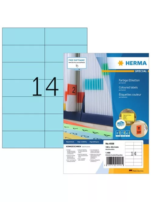 Herma Etikett címke Herma 105x42.3 mm szegély nélküli kék 100 ív 1400 db/doboz