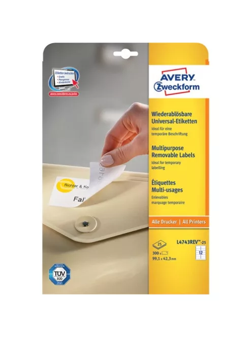 Avery Etikett címke Avery Zweckform 99.1x42.3 mm univerzális címke visszaszedhető 25 ív 300 db/csomag L4743
