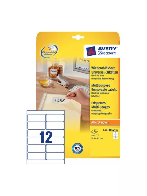 Avery Etikett címke Avery Zweckform 99.1x42.3 mm univerzális címke visszaszedhető 25 ív 300 db/csomag L4743