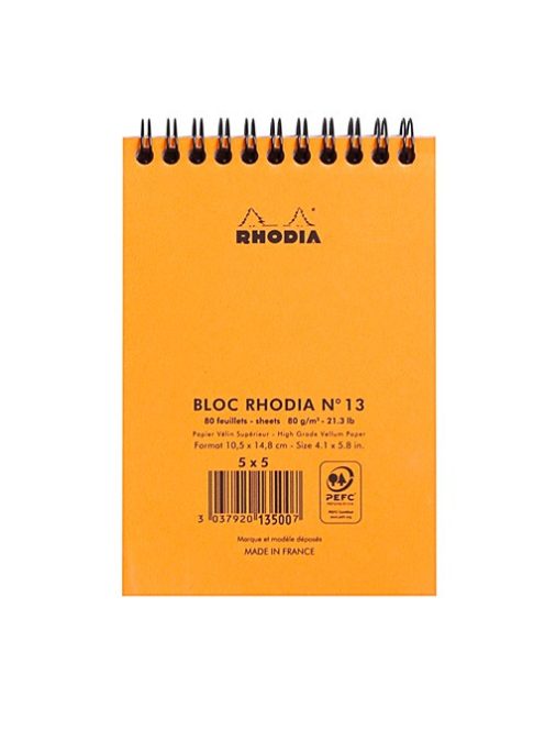 Rhodia Jegyzettömb spirálos Clairefontaine Rhodia Orange A/6 80 lapos kockás