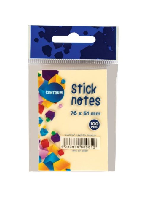 Centrum Öntapadós jegyzettömb Centrum Stick Notes 51x76 mm, 100 lapos, pasztel sárga