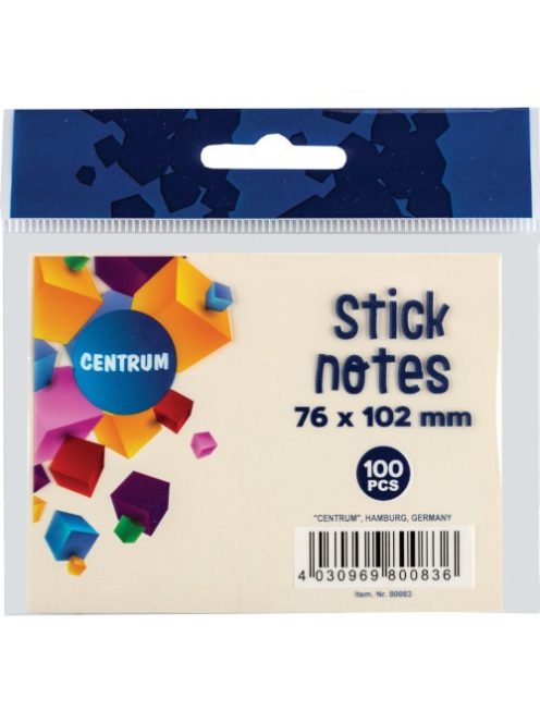 Centrum Öntapadós jegyzettömb Centrum Stick Notes 76x102 mm, 100 lapos, pasztel sárga