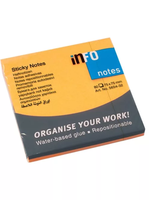 Info Notes Öntapadós jegyzettömb Info Notes 75x75 mm 80 lapos élénk narancssárga