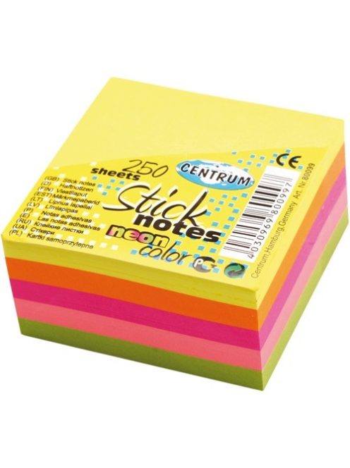 Centrum Öntapadós jegyzettömb Centrum Stick Notes 51x51 mm 250 lapos neon vegyes színek