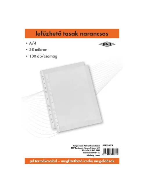 PD Office Lefűzhető tasak pd A/4 38 mic. narancsos 100 db/csomag