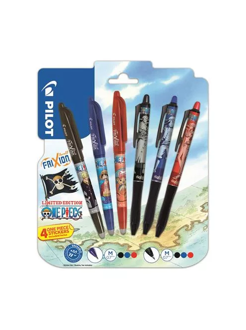 PILOT Rollertoll készlet, 0,35 mm, nyomógombos, PILOT "Frixion Ball"/"Frixion Ball Plus", 3különböző szín+One Piece matrica