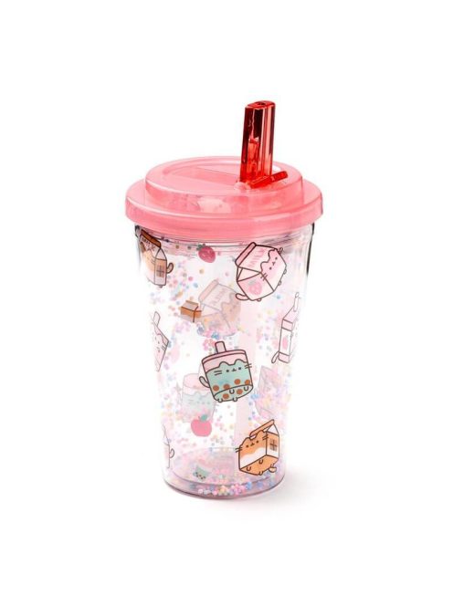 Pusheen cicás pohár szívószálas tetővel, 500 ml, Pusheen és az italok