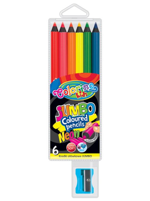 Neon színes ceruza készlet, JUMBO, fekete fa, hegyezővel, 6 szín