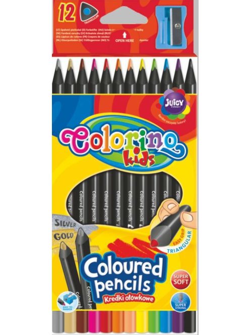 Háromszögletű színes ceruza, fekete fa, hegyezővel, 12 szín