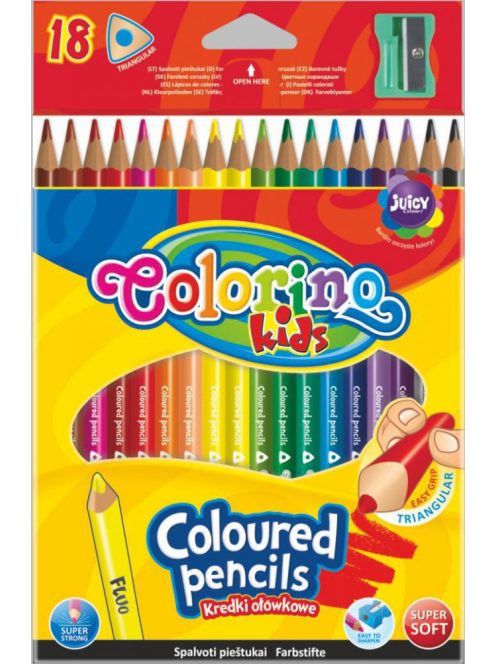 Háromszögletű színes ceruza készlet, hegyezővel, 18 szín, 1 db neon sárga szín