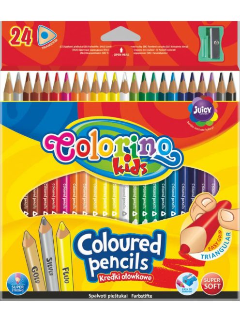 Háromszögletű színes ceruza készlet, hegyezővel, 24 szín, 1-1-1 db fluo-arany-ezüst szín