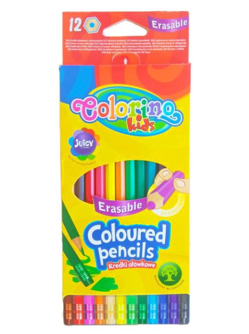 Színes ceruza azonos színű radírral, hatszögletű, radírral, 12 szín