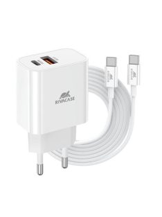   RIVACASE Hálózati töltő, 20W, USB-A és USB-C, USB-C, USB-C/USB-C töltőkábel, RIVACASE "PS4102", fehér