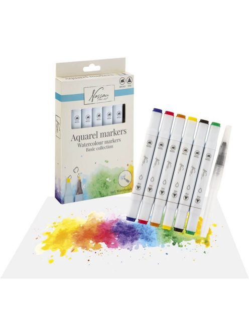 Aquarell filctoll készlet ecsettel, 6+1 db-os, kétvégű, alap színek