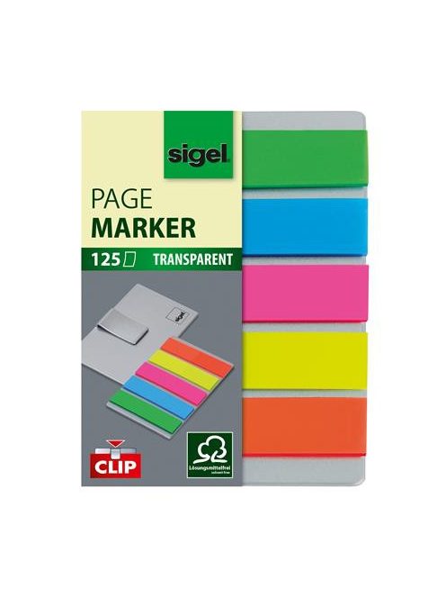 SIGEL Jelölőcímke, műanyag, 5x25 lap, 12x50 mm, klippel, SIGEL "Clip", vegyes szín